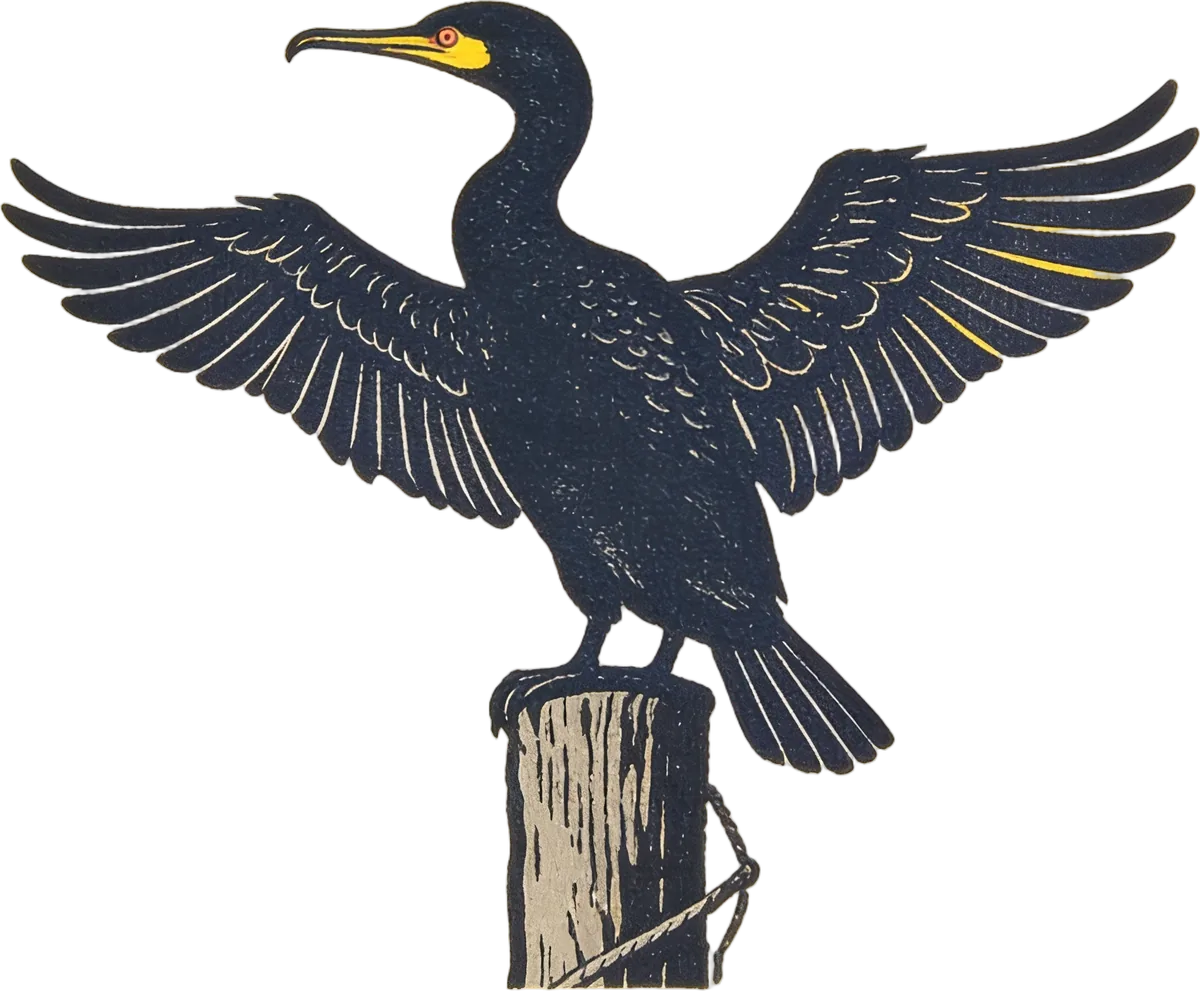 A carved linocut cormorant on a mooring post, wings spread to dry.