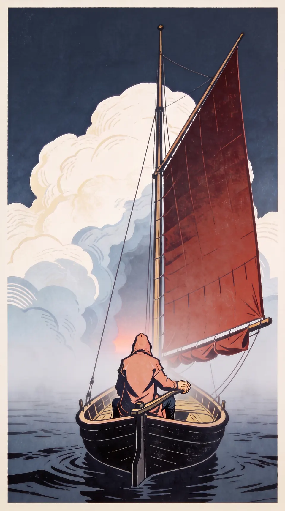 A carved linocut of a Galway hooker drifting into a great bank of fog, the sailor at the tiller looking ahead.