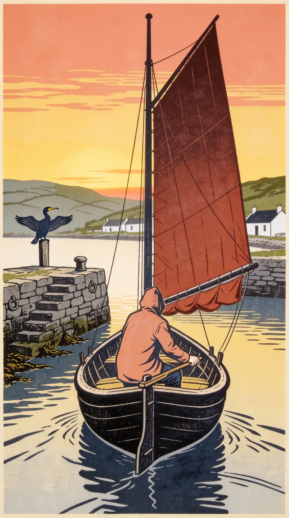 A carved linocut of a Galway hooker coming in at dawn to a small stone quay, a cormorant drying its wings on a mooring post.