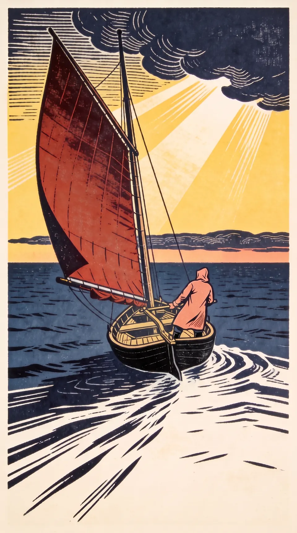 A carved linocut of a Galway hooker heeling under full sail at dusk, the sailor standing braced at the tiller, watching weather build on the horizon.